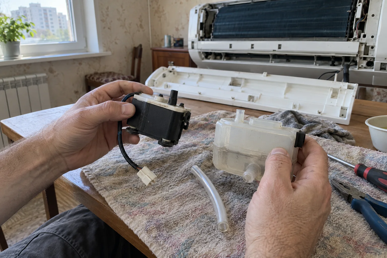 Дренажная помпа и резервуар кондиционера при проверке