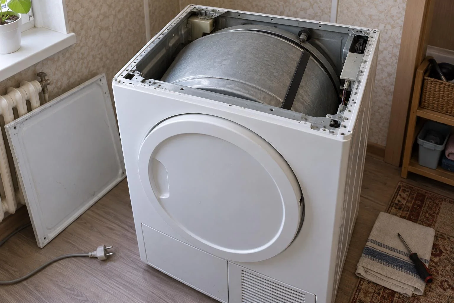 Сушильная машина со снятой верхней крышкой и открытым приводным ремнём