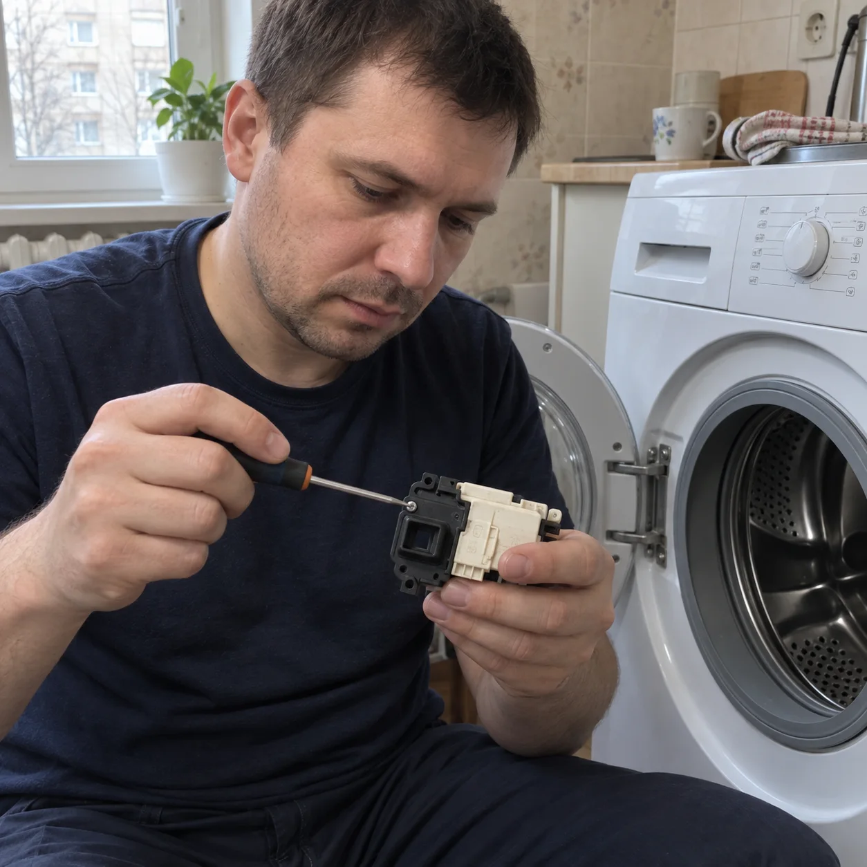 Мастер осматривает снятое устройство блокировки люка