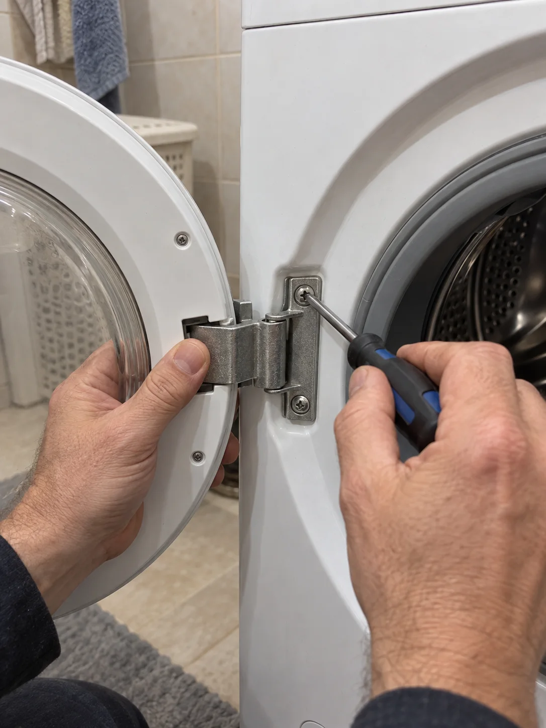 Мастер откручивает крепление петли люка стиральной машины